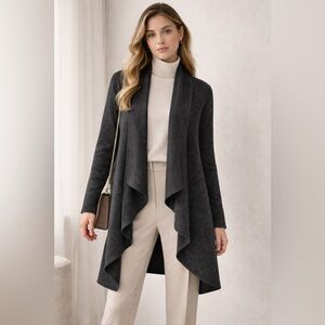 Ainsley Open Cashmere & Wool Long Line Cardigan in Charcoal Gray XL